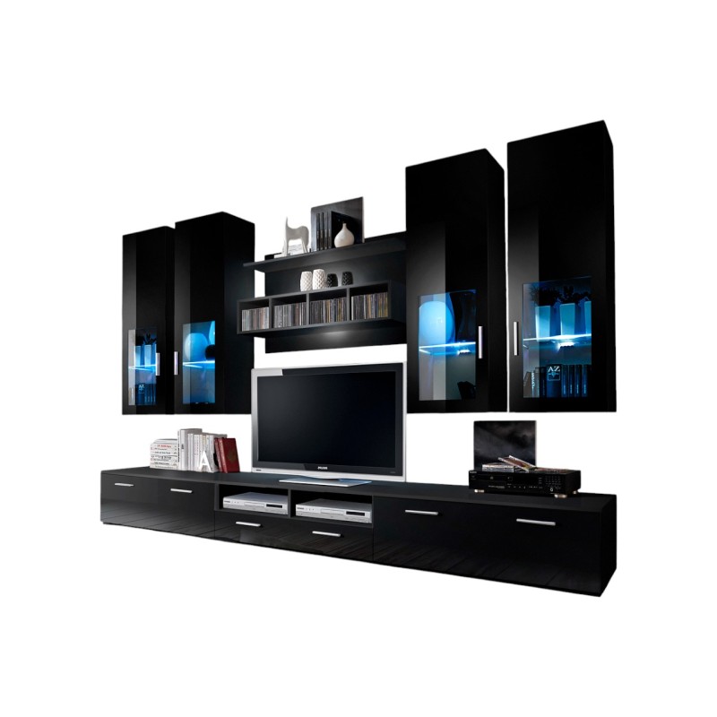Composition de meubles TV  design collection LORA. Coloris noir mat et noir brillant