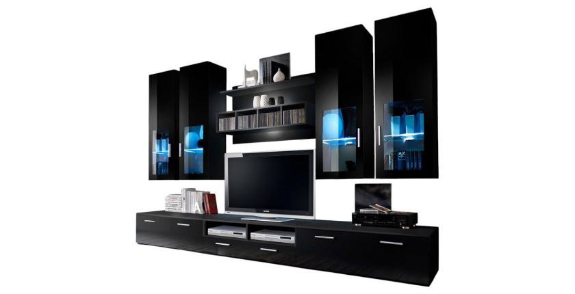 Composition de meubles TV  design collection LORA. Coloris noir mat et noir brillant