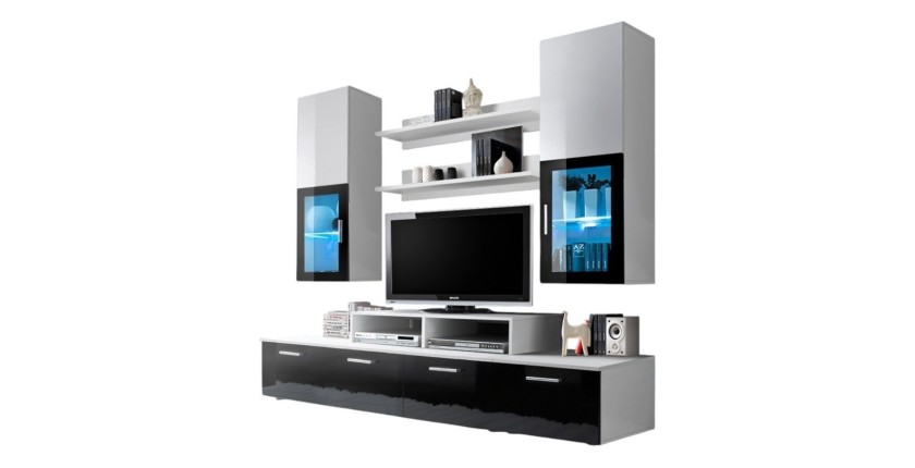 Meuble TV Mural 200cm Design. Collection MINI coloris blanc et noir