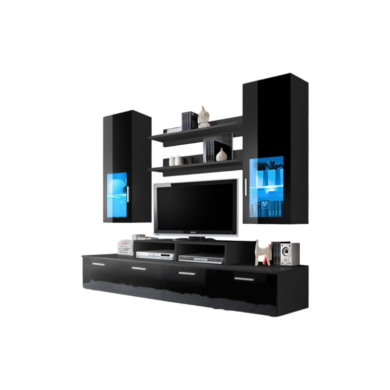 Meuble TV Mural 200cm Design. Collection MINI coloris noir.