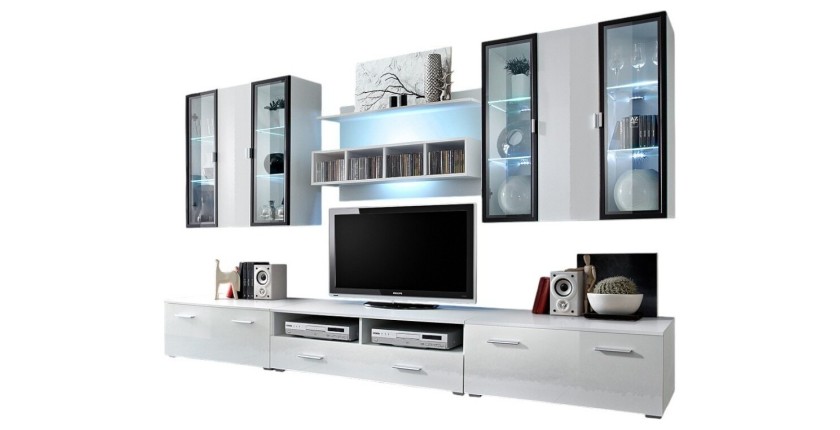 Ensemble meuble salon Quadro Blanc/Blanc laqué de haute brillance avec LED