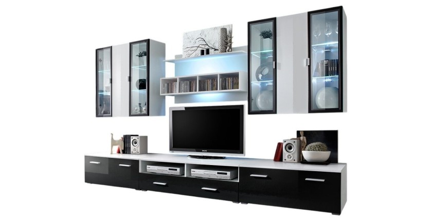 Ensemble meuble salon Quadro blanc et noir de haute brillance avec LED