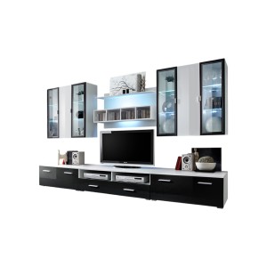 Ensemble meuble salon Quadro blanc et noir de haute brillance avec LED