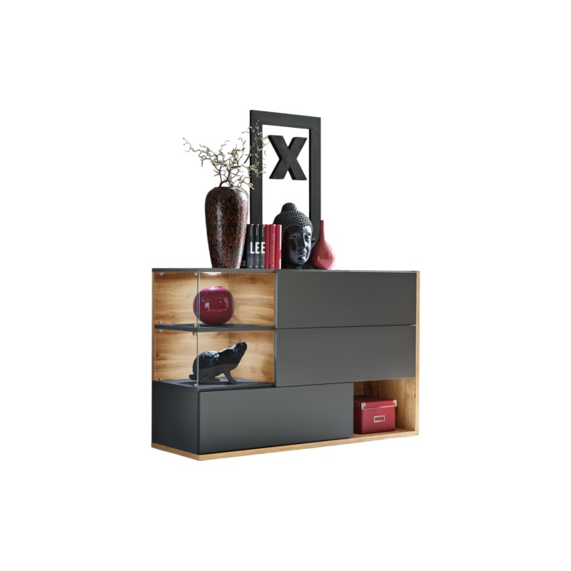 Buffet, bahut, enfilade KLIS trois portes et trois niches. Coloris gris anthracite et chêne. Style design.
