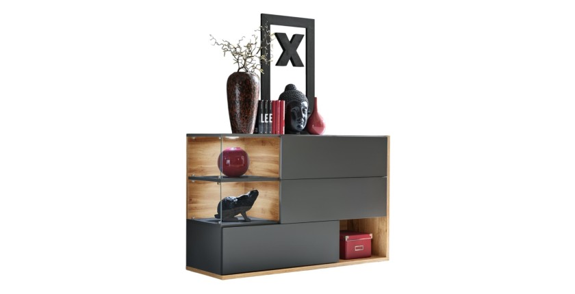 Buffet, bahut, enfilade KLIS trois portes et trois niches. Coloris gris anthracite et chêne. Style design.