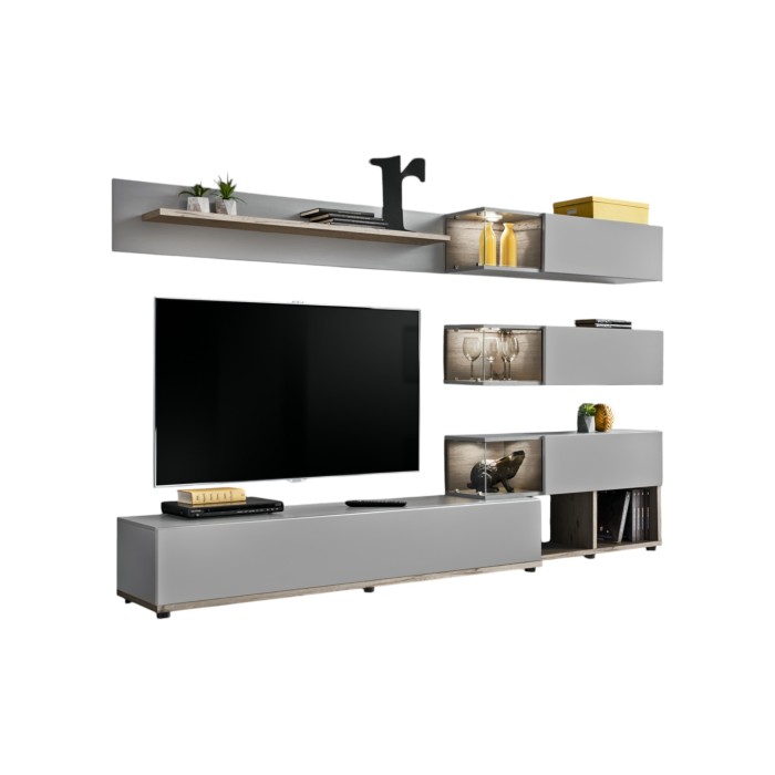Ensemble de meubles pour votre salon KLIS. Composition murale coloris gris perle et chêne. LED incluses. Meuble tv design