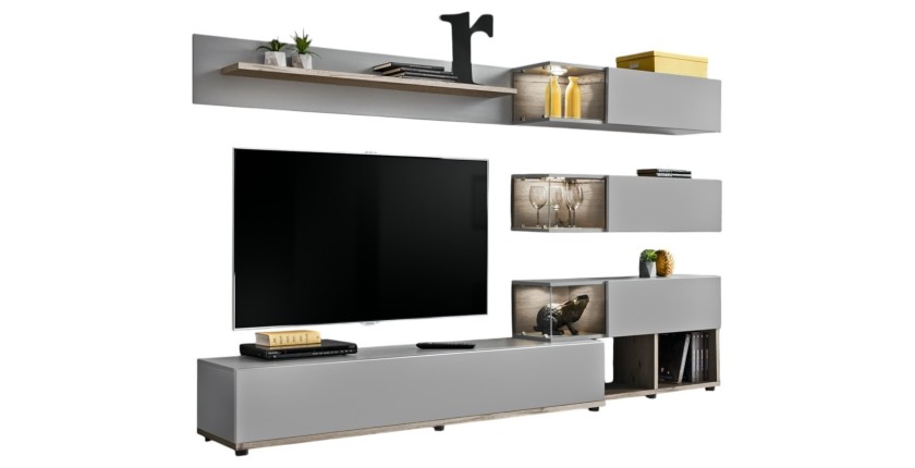 Ensemble de meubles pour votre salon KLIS. Composition murale coloris gris perle et chêne. LED incluses. Meuble tv design