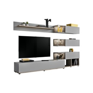 Ensemble de meubles pour votre salon KLIS. Composition murale coloris gris perle et chêne. LED incluses. Meuble tv design
