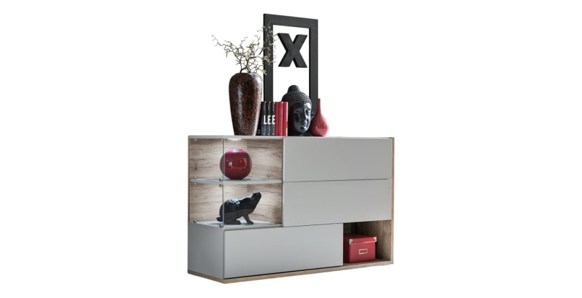 Buffet, bahut, enfilade KLIS trois portes et trois niches. Coloris gris perle et chêne. Style design.
