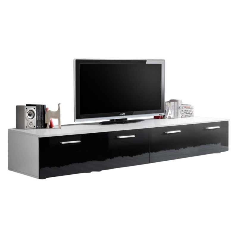 Meuble TV 200cm Collection COMET. Couleur blanc et noir. 2 portes abattantes.