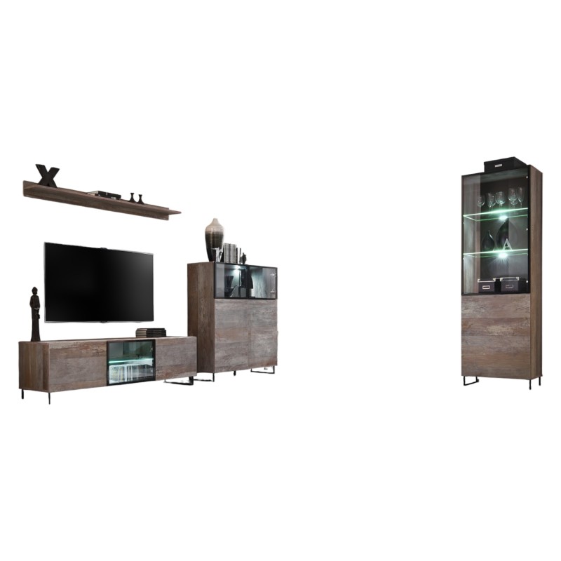 ENSEMBLE MEUBLES DE SALON KAN composé de trois meubles et d'une étagère de style industriel.