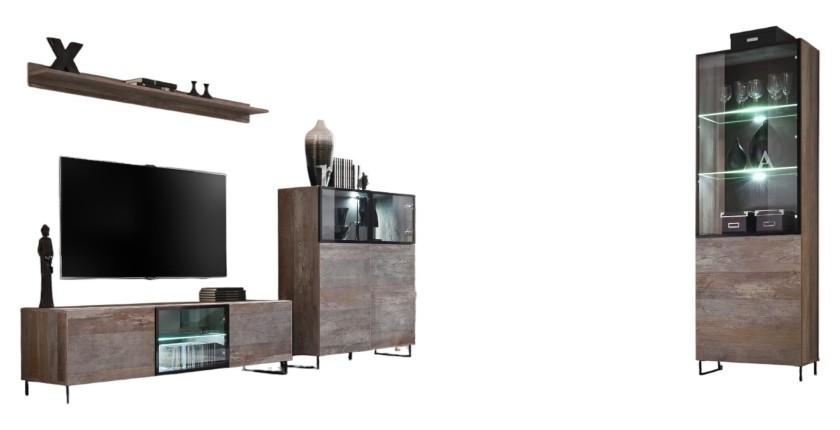 ENSEMBLE MEUBLES DE SALON KAN composé de trois meubles et d'une étagère de style industriel.