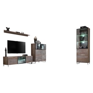 ENSEMBLE MEUBLES DE SALON KAN composé de trois meubles et d'une étagère de style industriel.