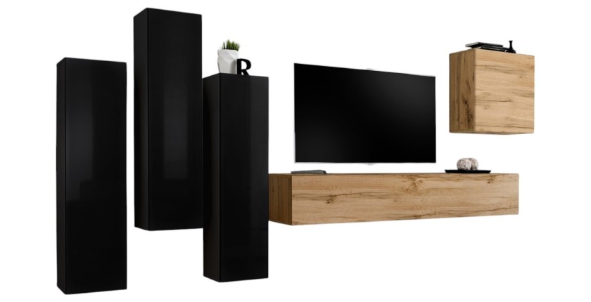 Ensemble de meubles de salon design collection SWITCH III. Coloris noir brillant et chêne Wotan