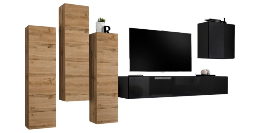 Ensemble de meubles de salon design collection SWITCH III. Coloris chêne wotan et noir brillant.