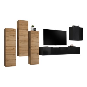 Ensemble de meubles de salon design collection SWITCH III. Coloris chêne wotan et noir brillant.
