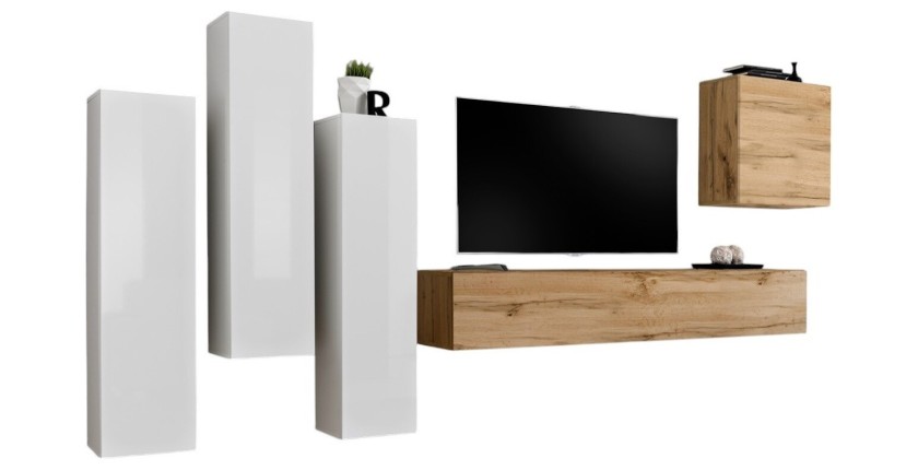 Ensemble de meubles de salon design collection SWITCH III. Coloris blanc brillant et chêne Wotan