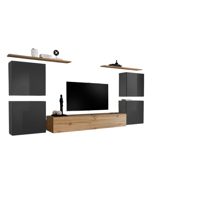 Ensemble meuble salon SWITCH IV design, coloris chêne Wotan et gris brillant .