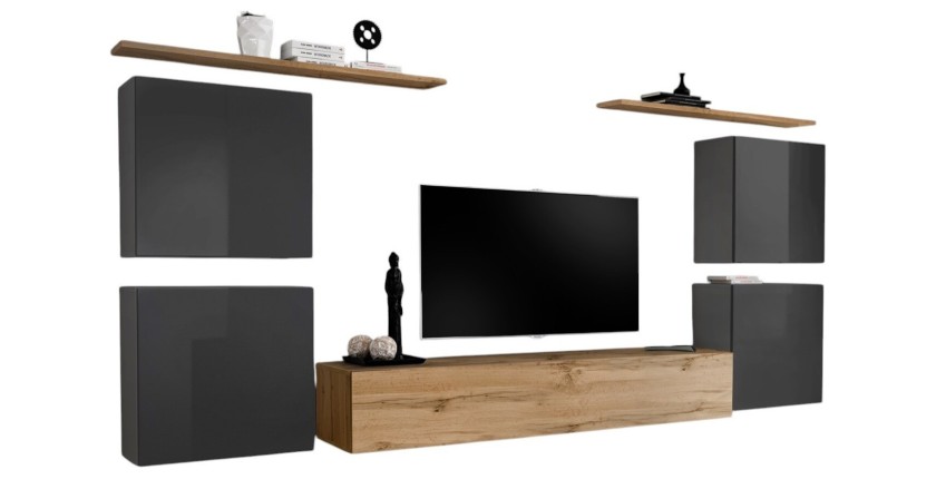 Ensemble meuble salon SWITCH IV design, coloris chêne Wotan et gris brillant .