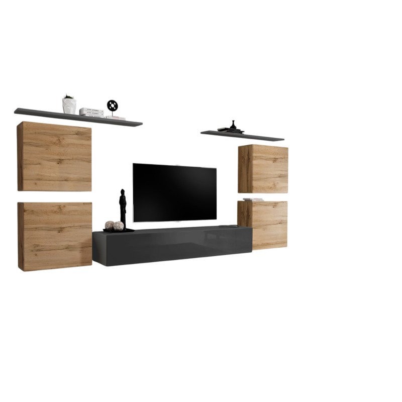 Ensemble meuble salon SWITCH IV design, coloris gris brillant et chêne Wotan.