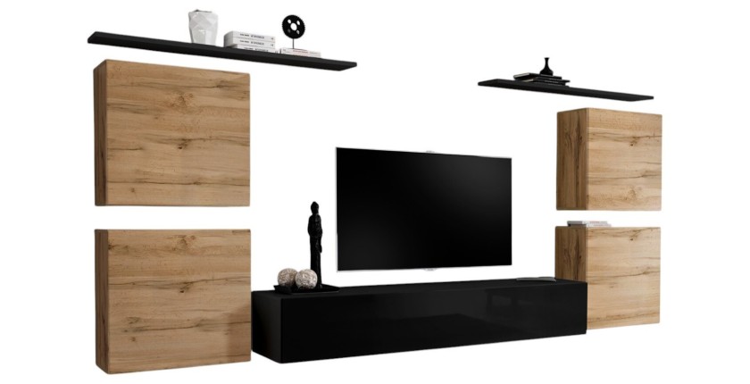 Ensemble meuble salon SWITCH IV design, coloris noir brillant et chêne Wotan.