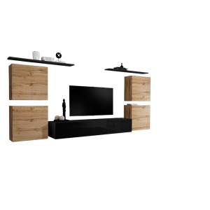 Ensemble meuble salon SWITCH IV design, coloris noir brillant et chêne Wotan.
