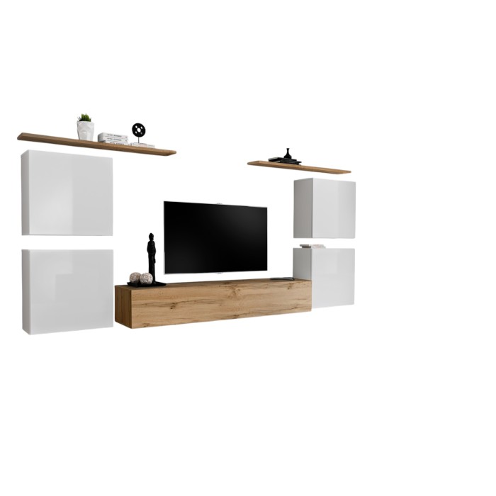Ensemble meuble salon SWITCH IV design, coloris chêne Wotan et blanc .