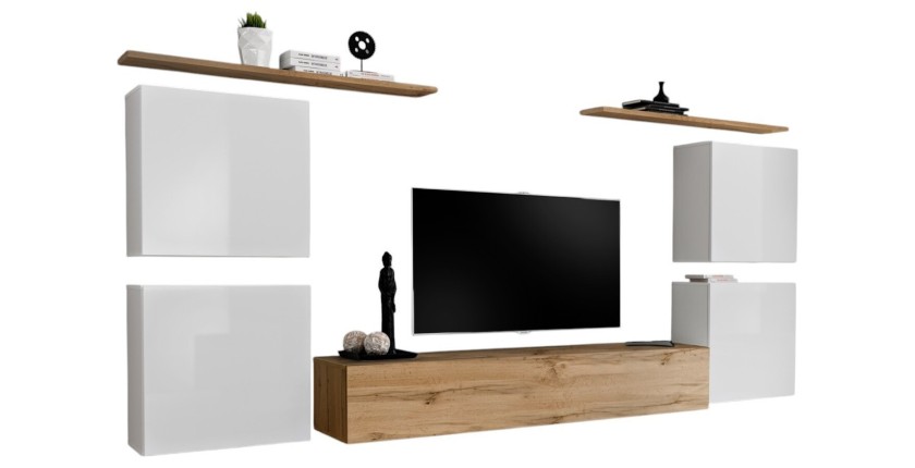 Ensemble meuble salon SWITCH IV design, coloris chêne Wotan et blanc .