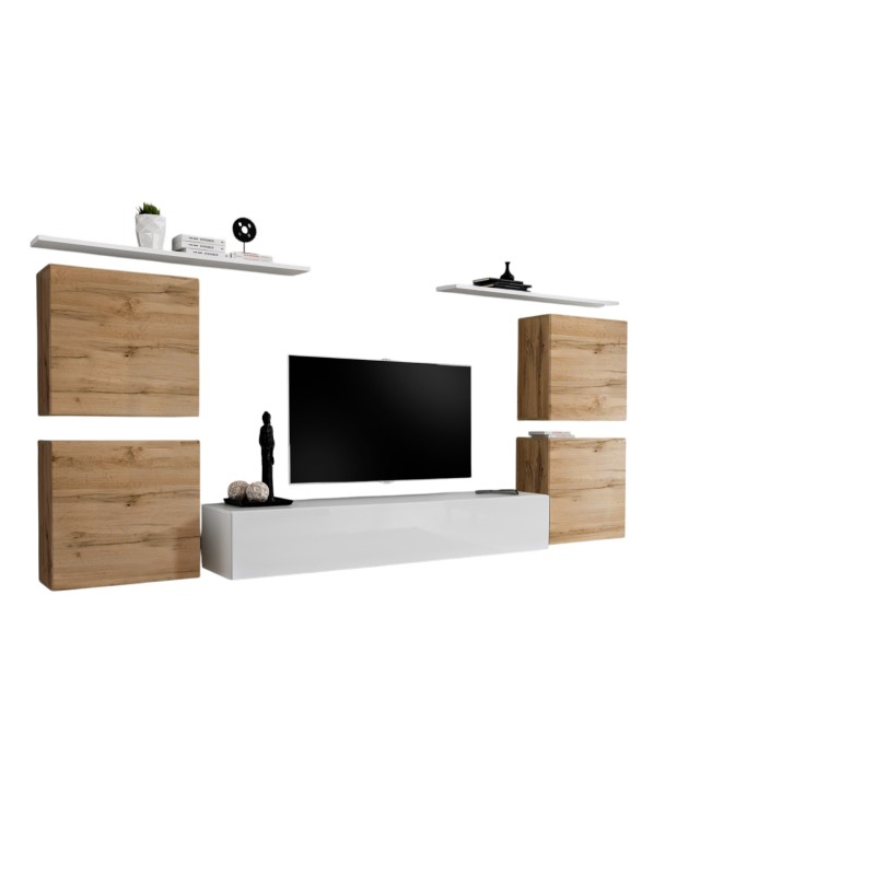 Ensemble meuble salon SWITCH IV design, coloris blanc et chêne Wotan.