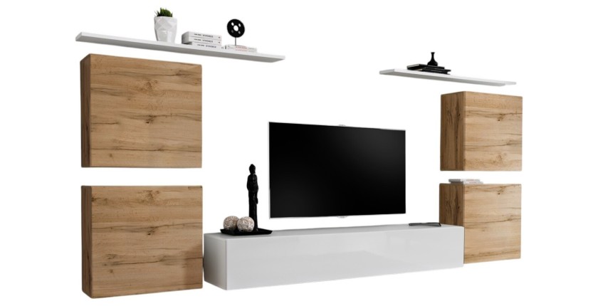 Ensemble meuble salon SWITCH IV design, coloris blanc et chêne Wotan.