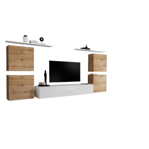 Ensemble meuble salon SWITCH IV design, coloris blanc et chêne Wotan.