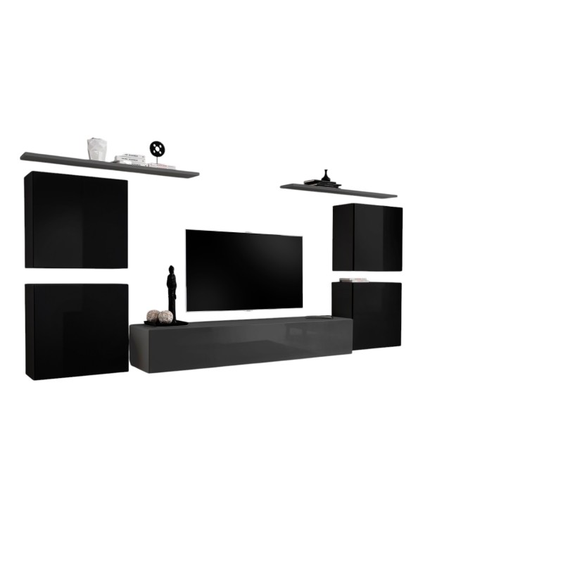 Ensemble meuble salon SWITCH IV design, coloris gris et noir brillant.