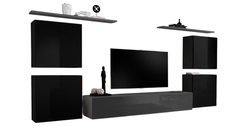 Ensemble meuble salon SWITCH IV design, coloris gris et noir brillant.