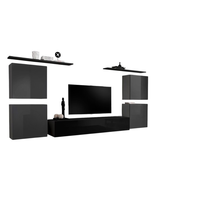 Ensemble meuble salon SWITCH IV design, coloris noir et gris brillant.