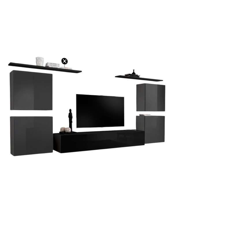 Ensemble meuble salon SWITCH IV design, coloris noir et gris brillant.