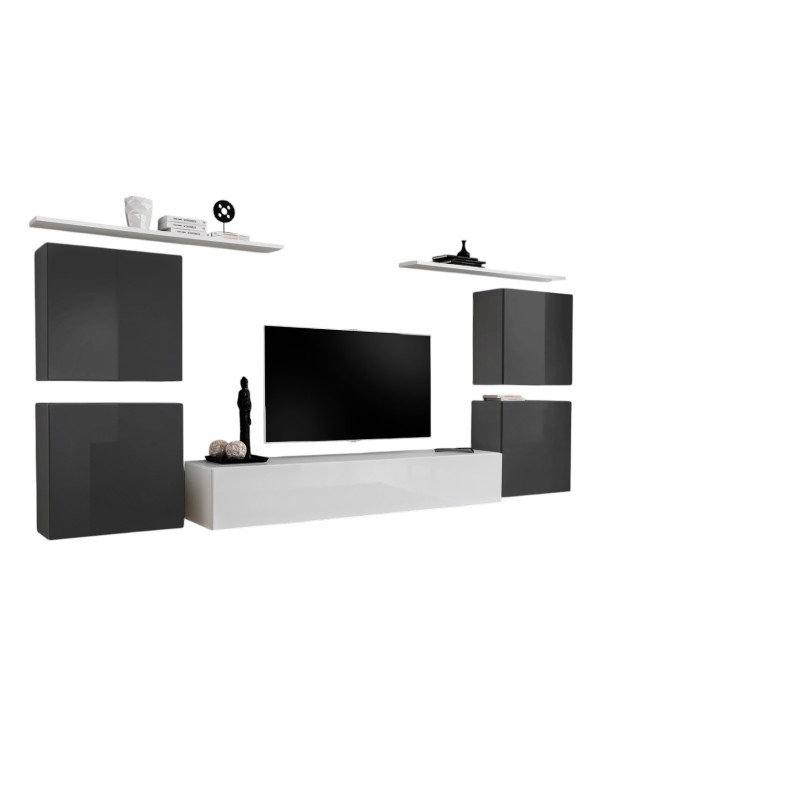 Ensemble meuble salon SWITCH IV design, coloris blanc et gris brillant.