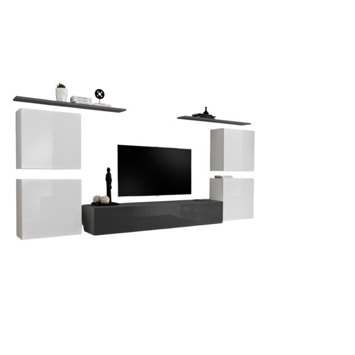 Ensemble meuble salon SWITCH IV design, coloris gris et blanc brillant.
