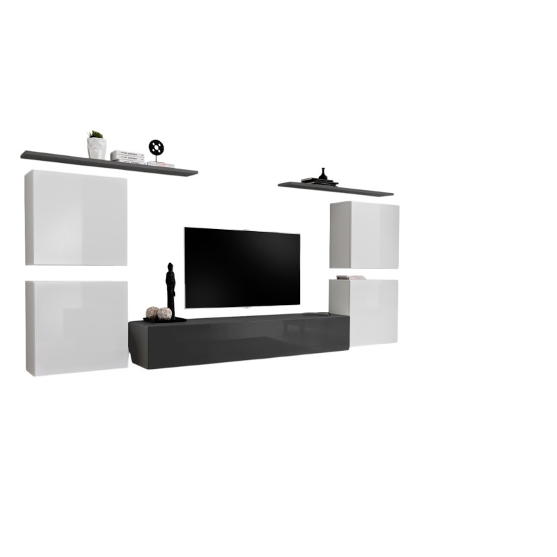 Ensemble meuble salon SWITCH IV design, coloris gris et blanc brillant.