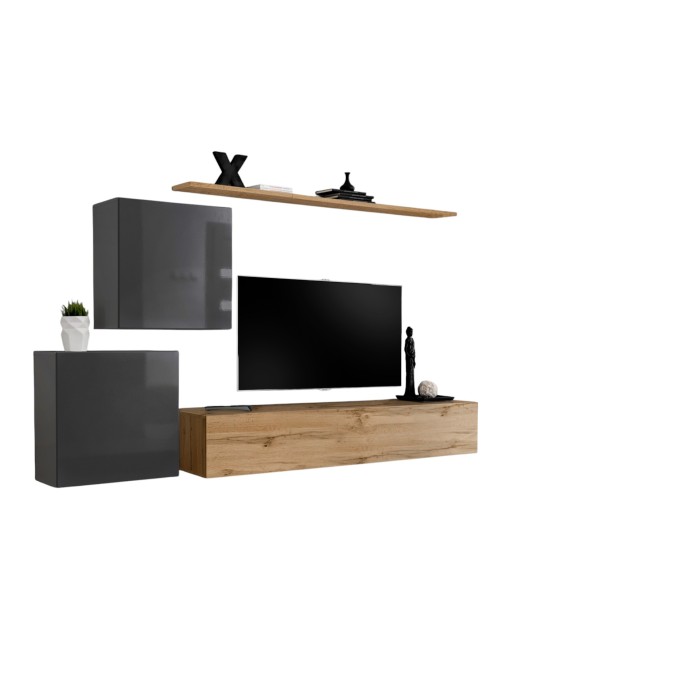 Ensemble meuble salon SWITCH V design, coloris chêne Wotan et gris brillant.