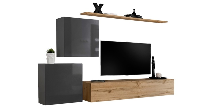 Ensemble meuble salon SWITCH V design, coloris chêne Wotan et gris brillant.