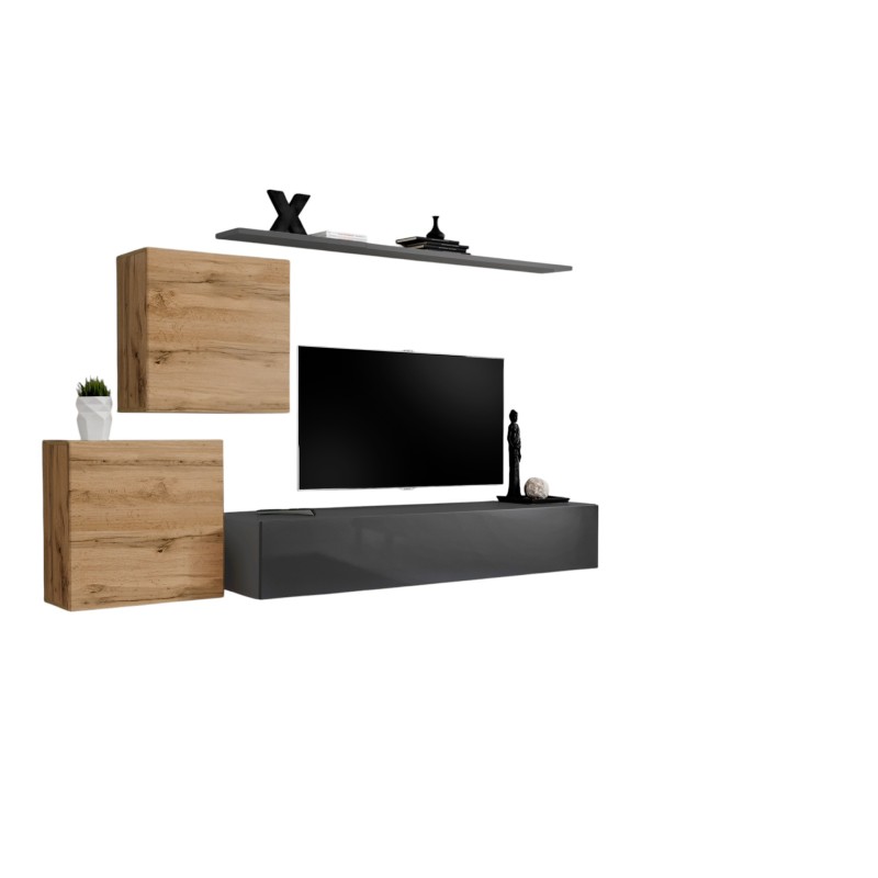 Ensemble meuble salon SWITCH V design, coloris gris brillant et chêne Wotan.