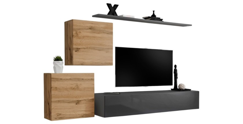 Ensemble meuble salon SWITCH V design, coloris gris brillant et chêne Wotan.