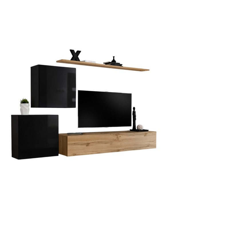 Ensemble meuble salon SWITCH V design, coloris chêne Wotan et noir brillant.