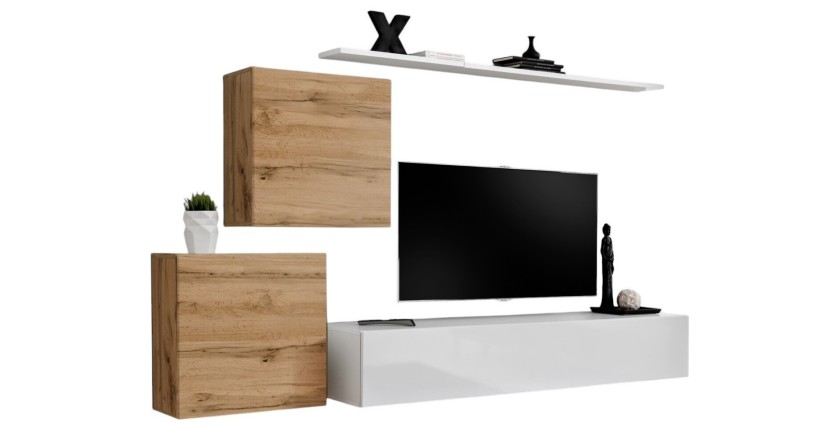 Ensemble meuble salon SWITCH V design, coloris blanc brillant et chêne Wotan.