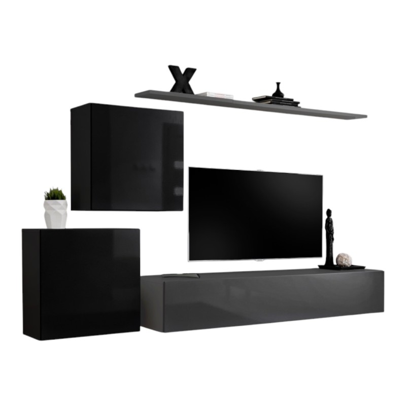 Ensemble meuble salon SWITCH V design, coloris gris et noir brillant.