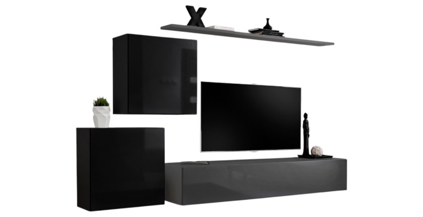 Ensemble meuble salon SWITCH V design, coloris gris et noir brillant.