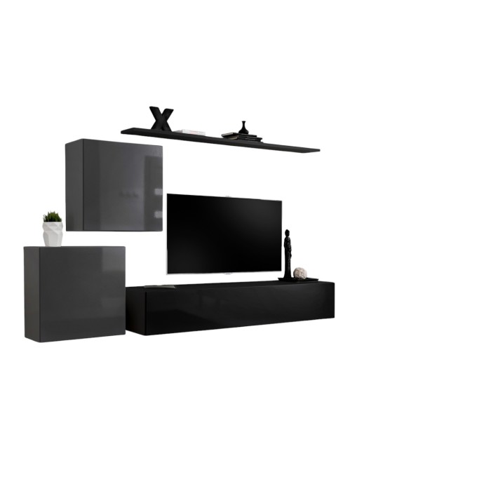 Ensemble meuble salon SWITCH V design, coloris noir et gris brillant.