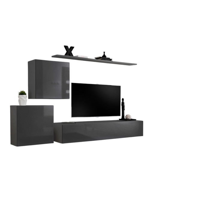 Ensemble meuble salon mural SWITCH V design, coloris gris brillant.