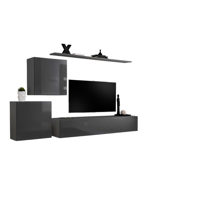 Ensemble meuble salon mural SWITCH V design, coloris gris brillant.