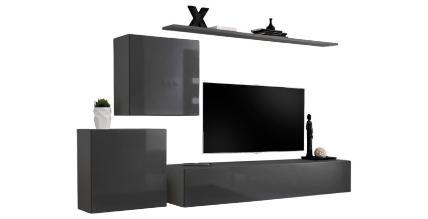 Ensemble meuble salon mural SWITCH V design, coloris gris brillant.